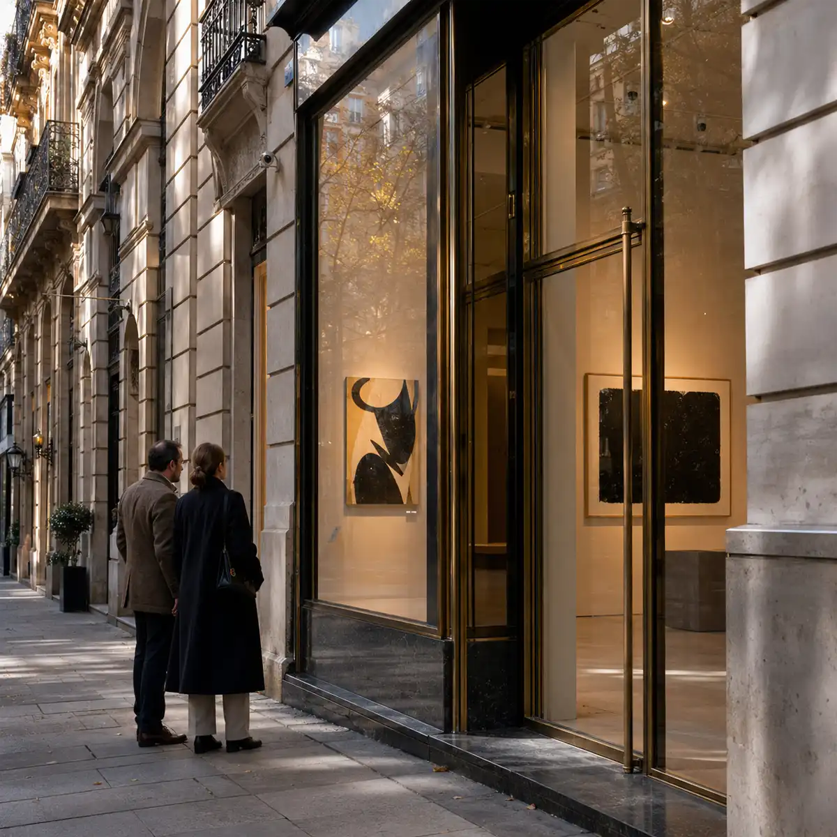 Galería de arte en calle Velázquez Madrid Interior de una galería de arte contemporáneo en calle Velázquez, Madrid, con escultura y pintura de artistas consagrados y nuevos valores