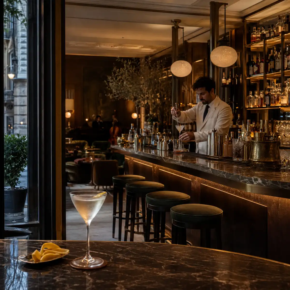 Barra de coctelería de autor en el Barrio de Salamanca con cócteles servidos y ambiente nocturno elegante en Jorge Juan