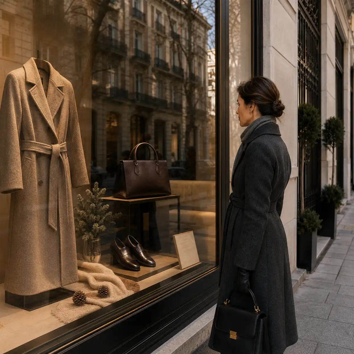 Comprobación de precios en rebajas Comparativa de precios en tienda y web durante las rebajas de lujo en la Milla de Oro, con ticket y móvil sobre mostrador