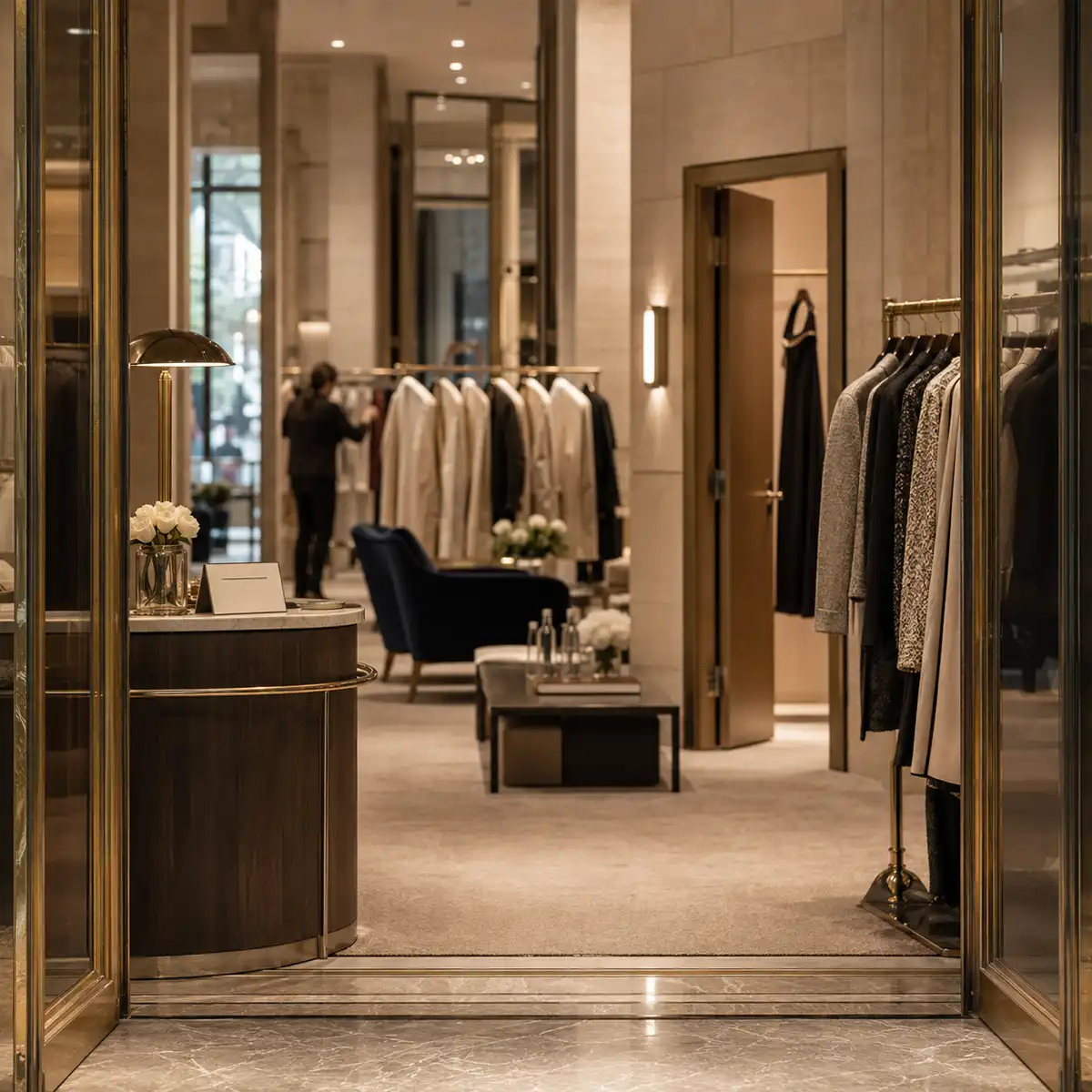 Sesión de personal shopping en el Barrio de Salamanca con asesor presentando prendas seleccionadas a clienta en probador privado