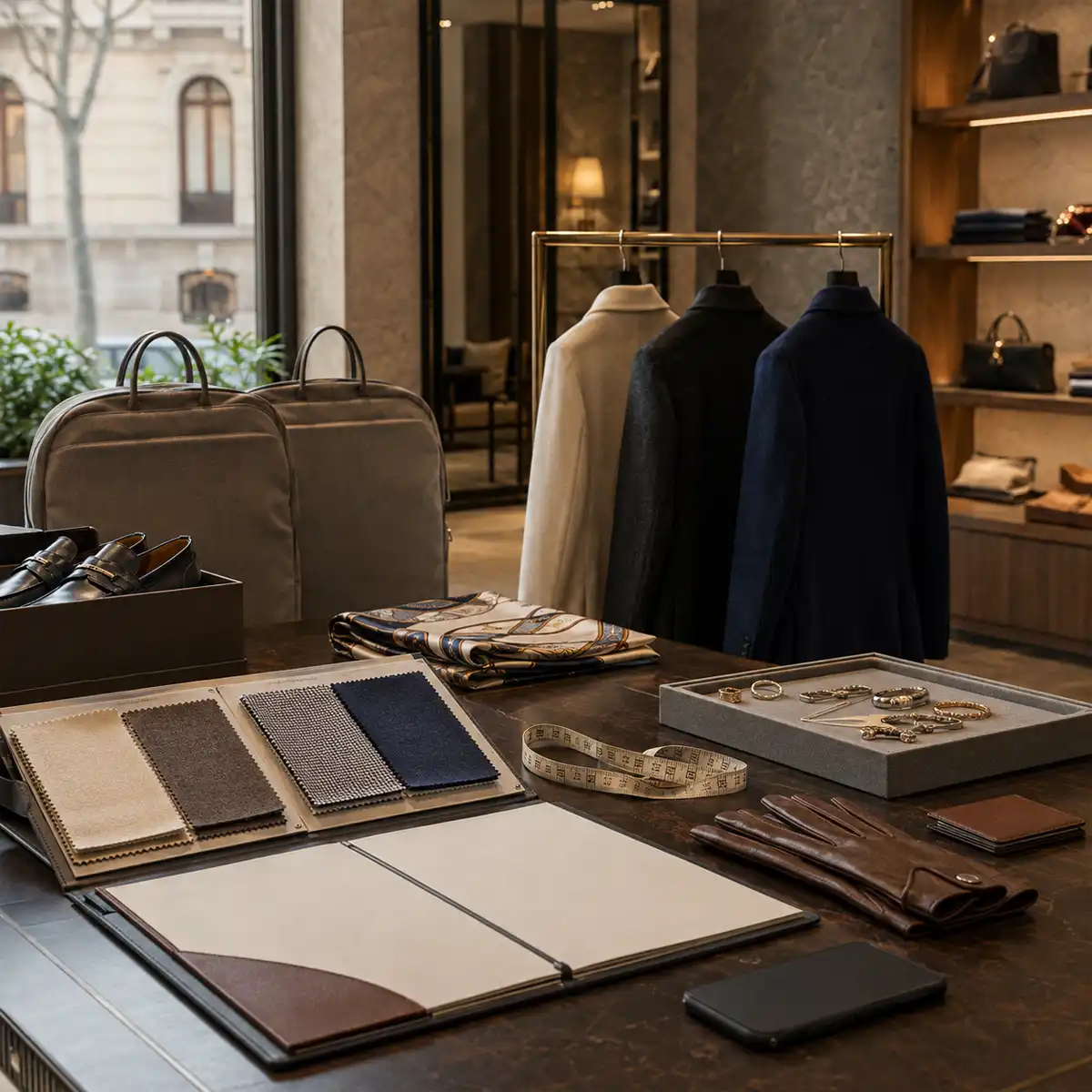 Tarjeta de crédito y formulario de devolución del IVA sobre mostrador de boutique de lujo en el Barrio de Salamanca