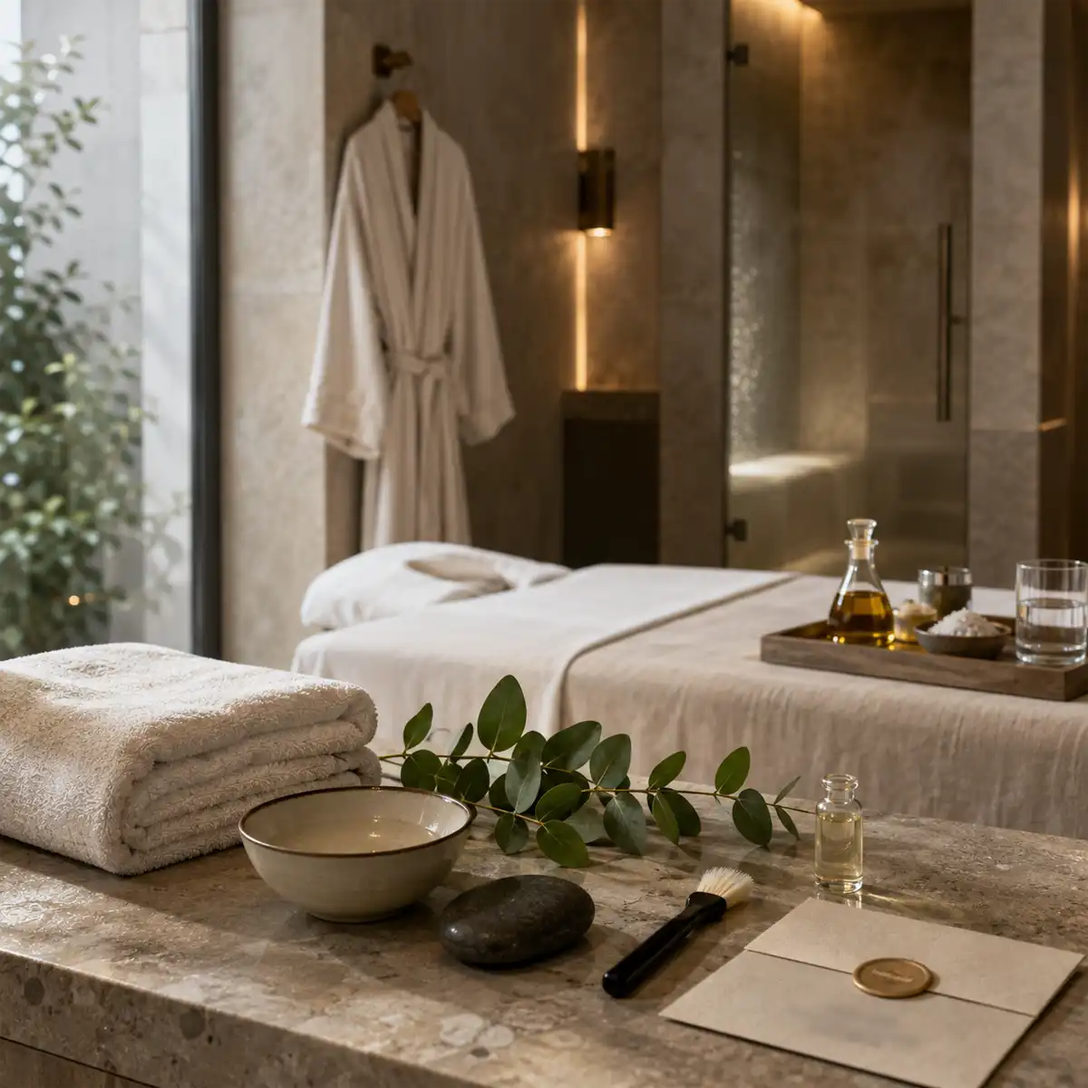 Spa de diseño Barrio de Salamanca Zona de descanso en un spa de hotel del Barrio de Salamanca con diseño de lujo, piedra oscura y ambiente de bienestar urbano