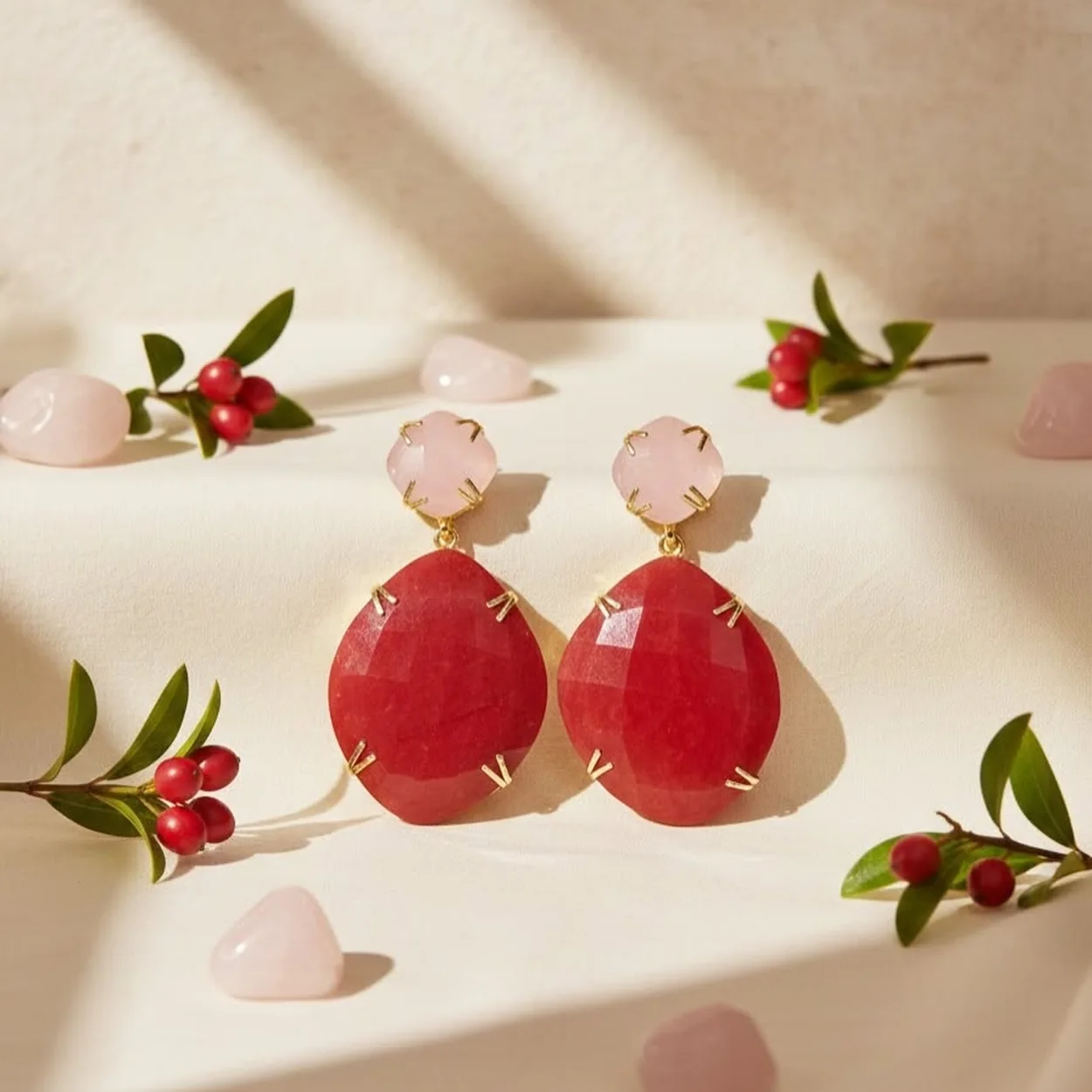 Pendientes de cuarzo rosa y piedra roja de TIAHRA Joyas