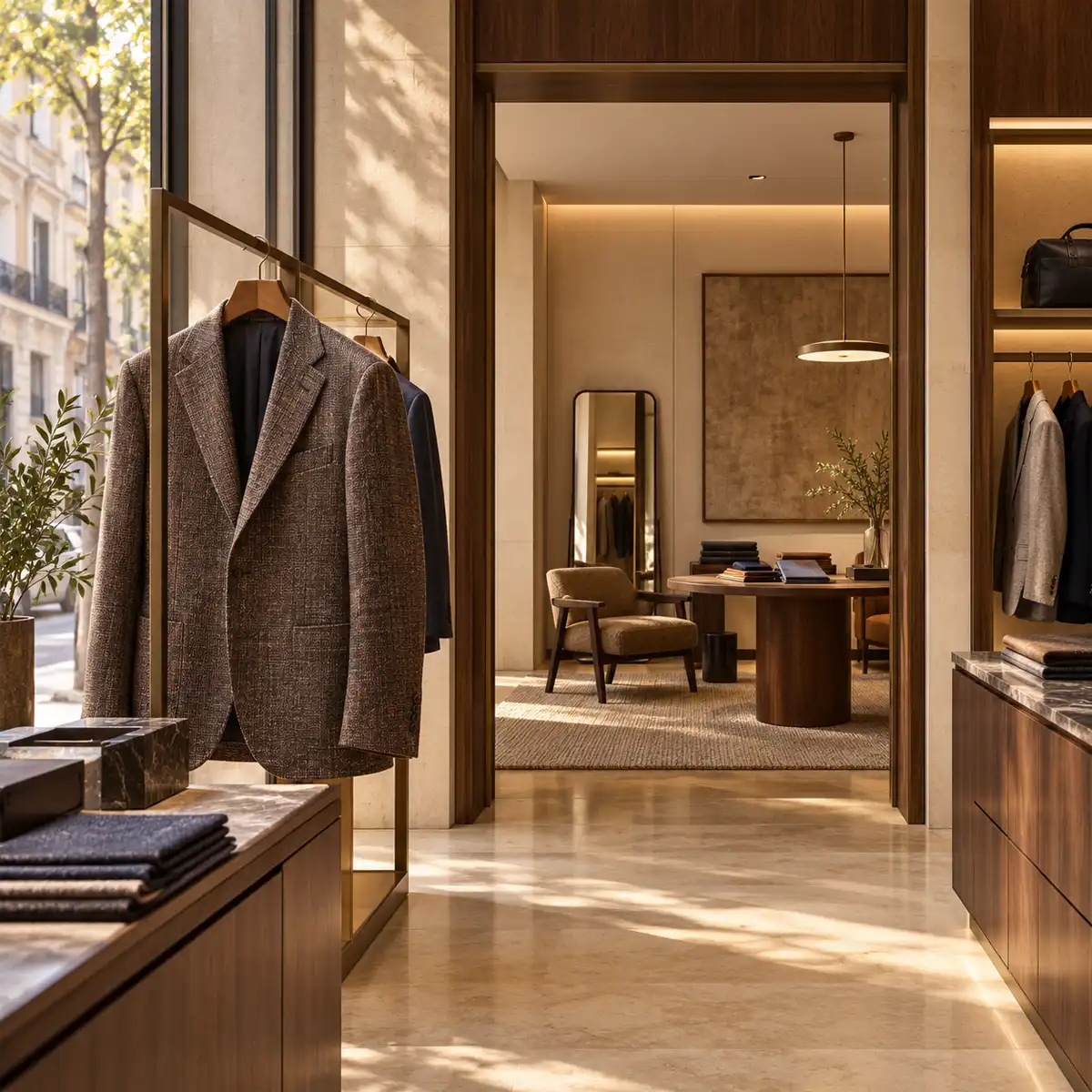 Estudio privado del servicio Su Misura en la nueva boutique Zegna de Ortega y Gasset 16, Madrid, con paneles tapizados en seda salvaje