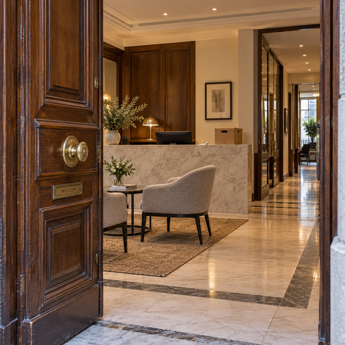 Espacio de trabajo Vilches Abogados Madrid Zona de trabajo de la sede de Vilches Abogados en Príncipe de Vergara 8, diseñada para coordinar equipos y atender clientes en Madrid
